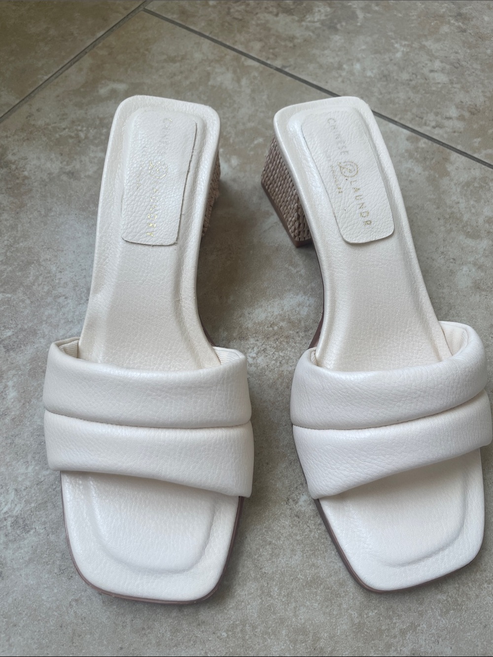 Padded Cream Slide Sandals with Textured Block Heel